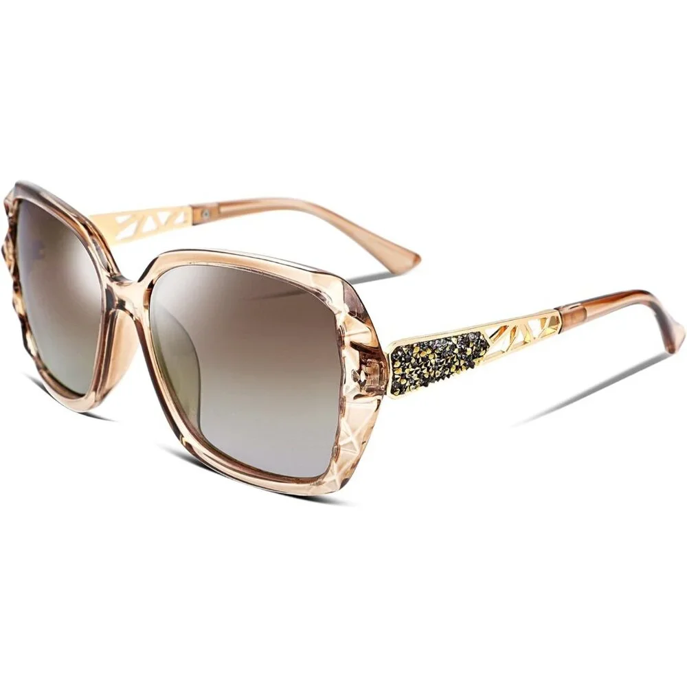 Women's Gold Crystal Square Sunglasses Sparkling Composite Shiny Frame Design